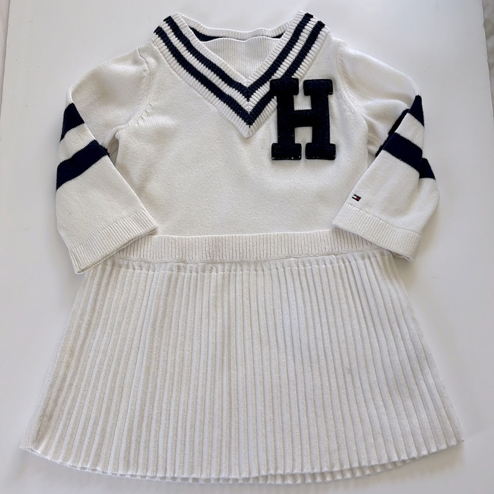 Tommy Hilfiger White Long-sleeve Pleated Polo Dress With Navy H, Girls Size 18M
